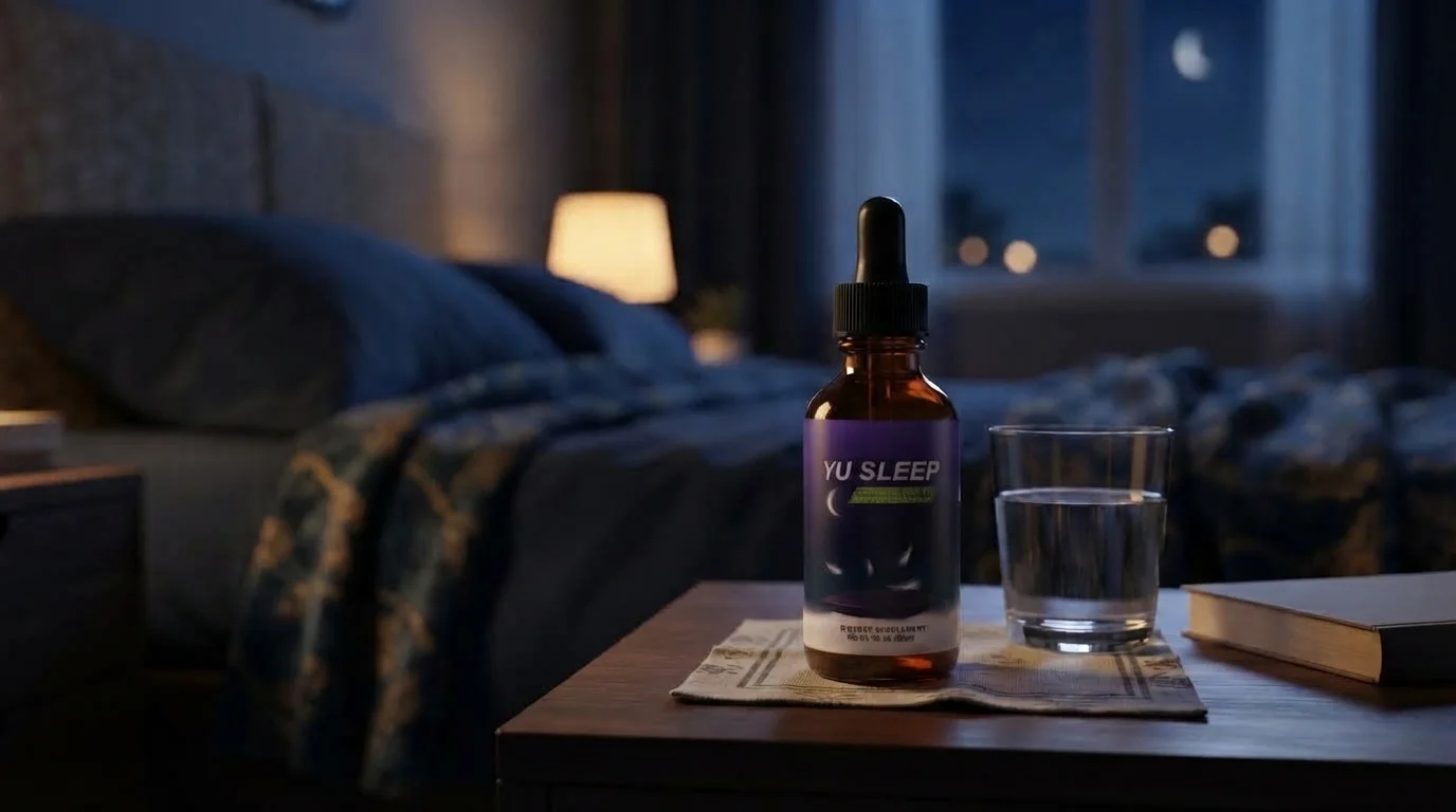 Dropper bottle of liquid sleep supplement on a nightstand at night