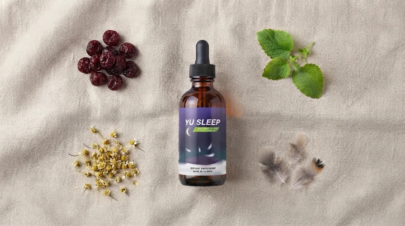 Sleep supplement bottle surrounded by tart cherries, lemon balm, and chamomile