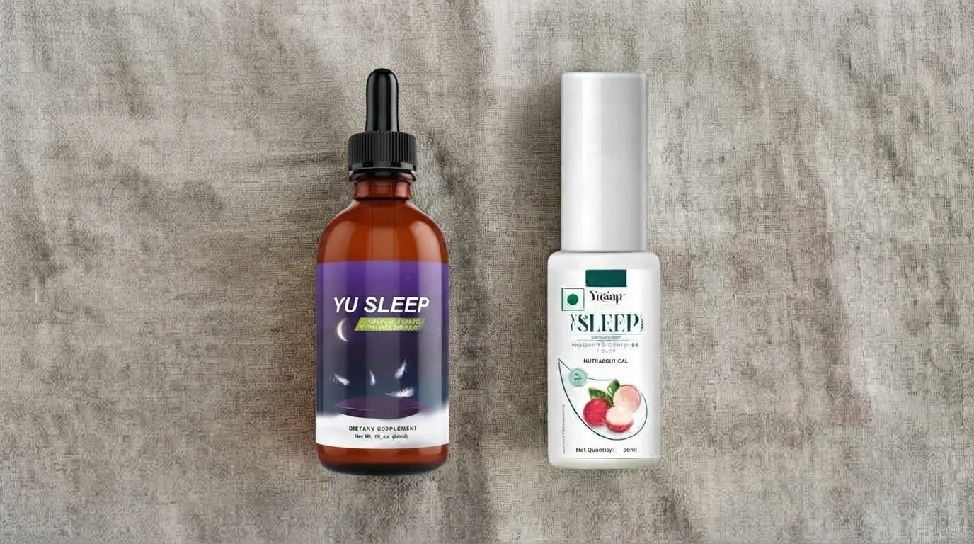 Dropper bottle sleep supplement next to a spray bottle for comparison