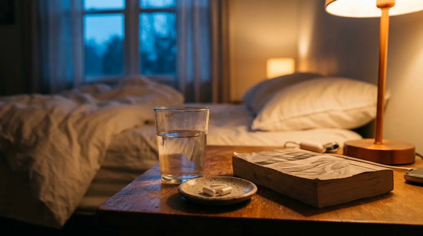 Bedside table with a glass of water and a small dish of capsules in a softly lit bedroom
