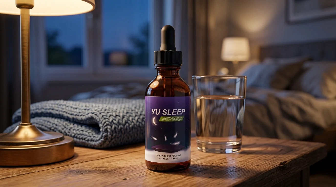 Yu Sleep drops bottle on a bedside table in a softly lit bedroom