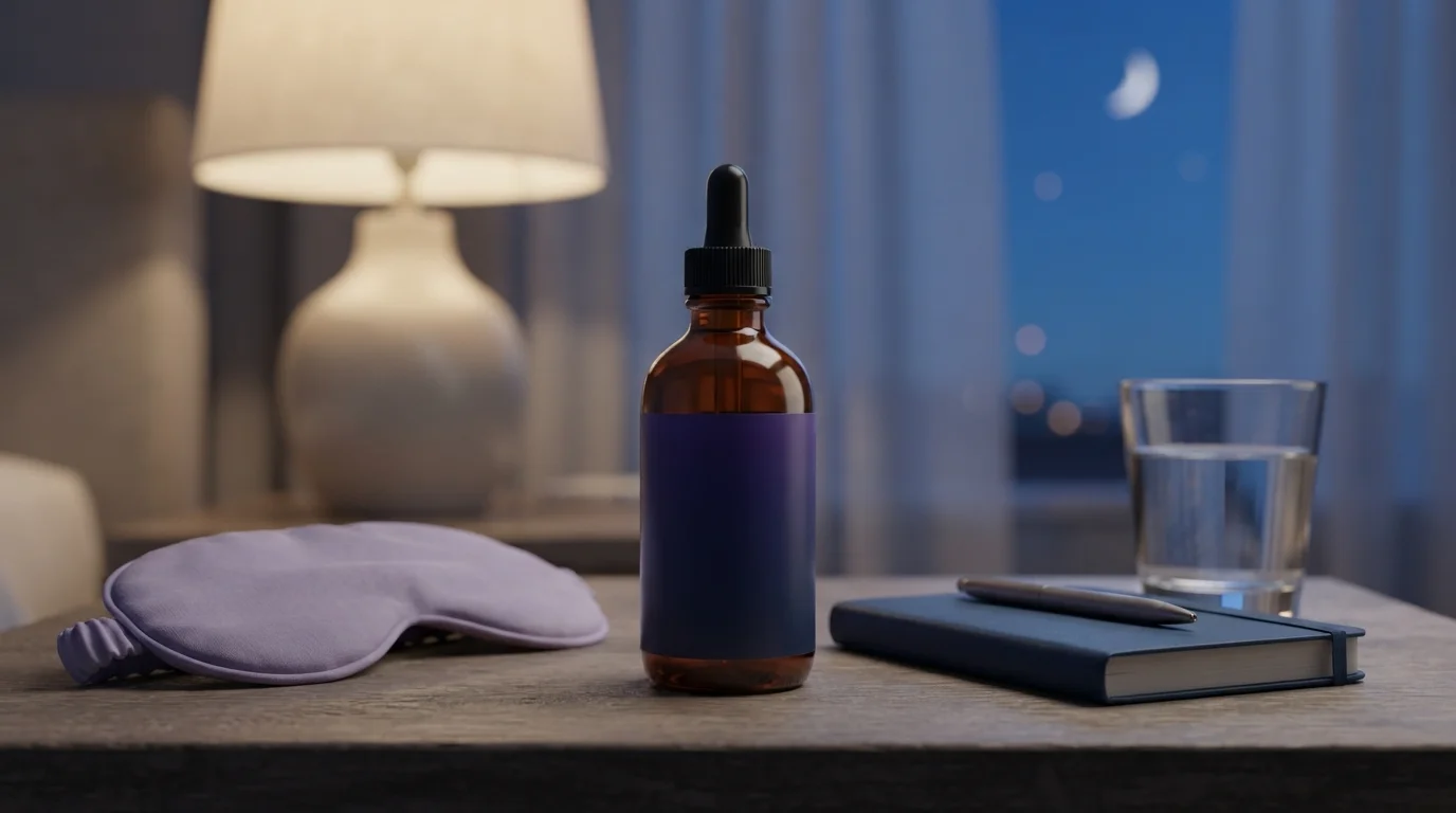 Sleep mask, notebook, and glass of water on a bedroom nightstand at dusk