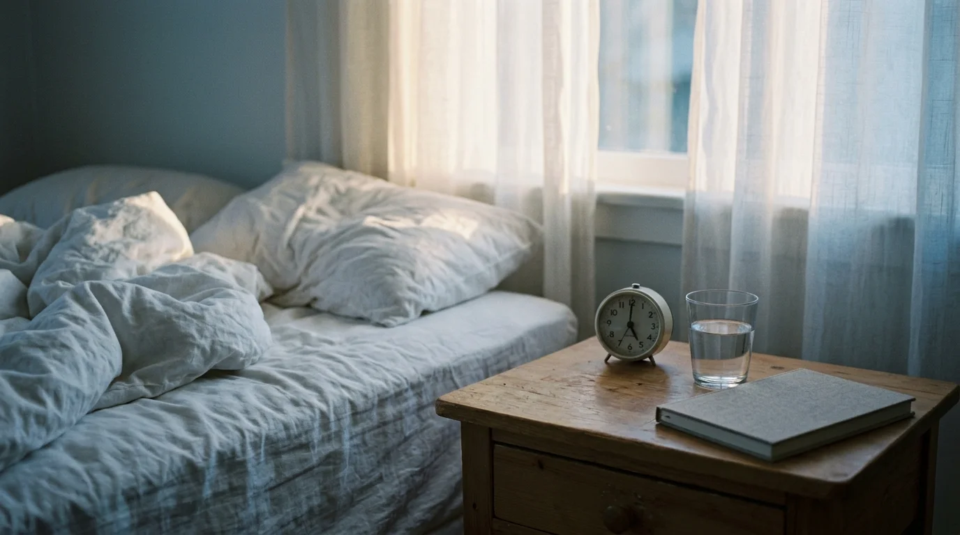 Bedroom at sunrise with an unmade bed, alarm clock and glass of water on the nightstand