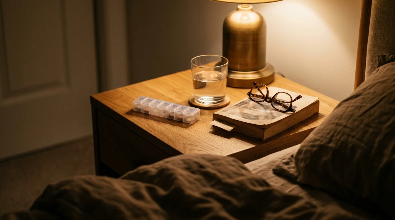 Bedside table with a weekly pill organizer, glass of water and a book in a softly lit bedroom