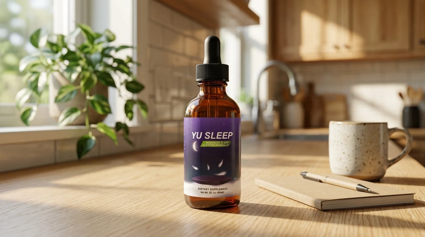 Yu Sleep drops bottle on a kitchen counter beside a notepad and mug