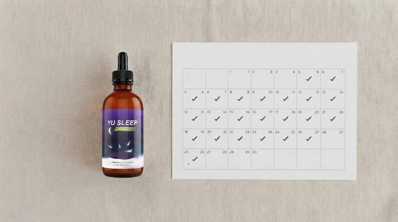 Dropper bottle next to a calendar page suggesting long-term use