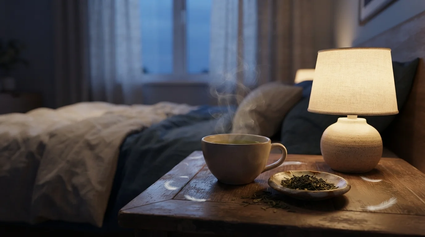 Cup of green tea on a bedroom nightstand with a warm lamp at dusk