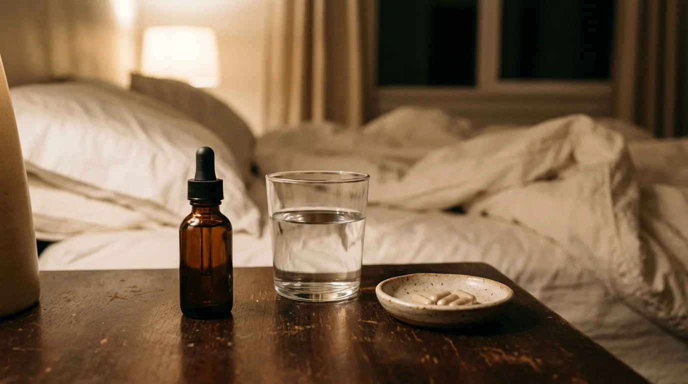 Dropper bottle and capsules side by side on a bedside table in a softly lit bedroom