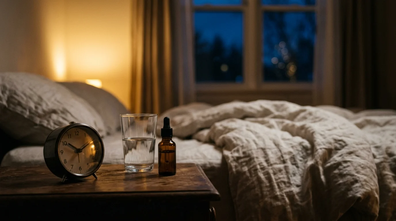 edside table with an alarm clock, glass of water and small dropper bottle in a dimly lit bedroom