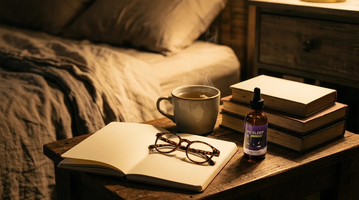 Notebook, reading glasses and tea on a bedside table in a cozy bedroom