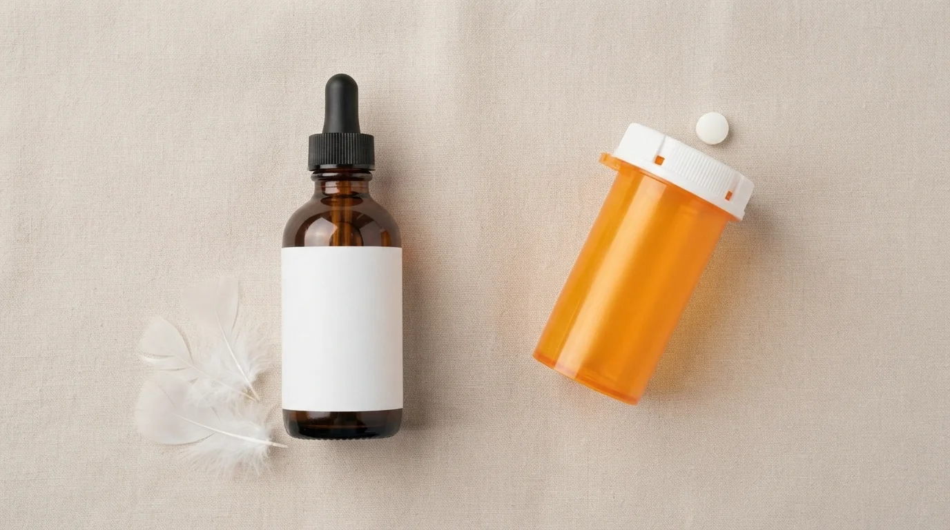 Natural supplement bottle next to a generic prescription pill bottle