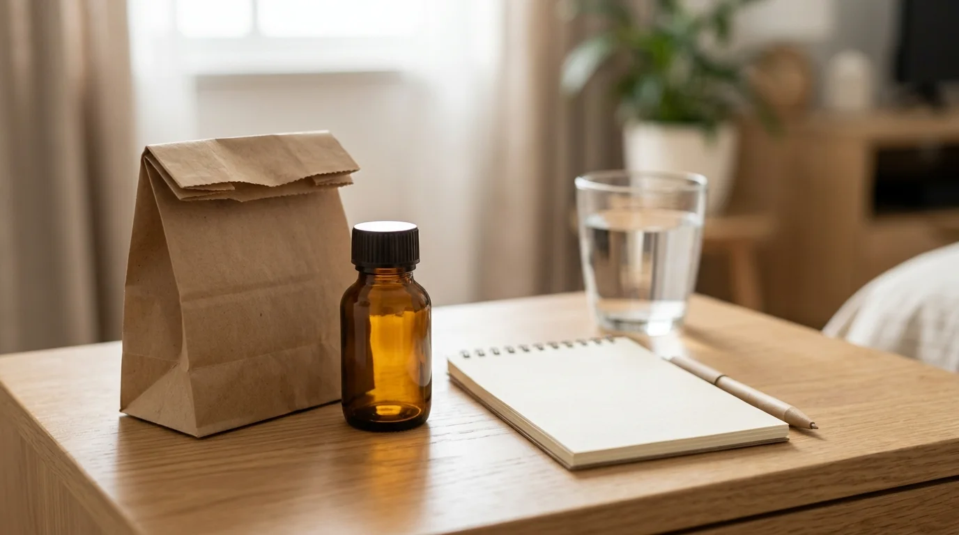 Small amber bottle, blank notepad and glass of water on a table in soft daylight