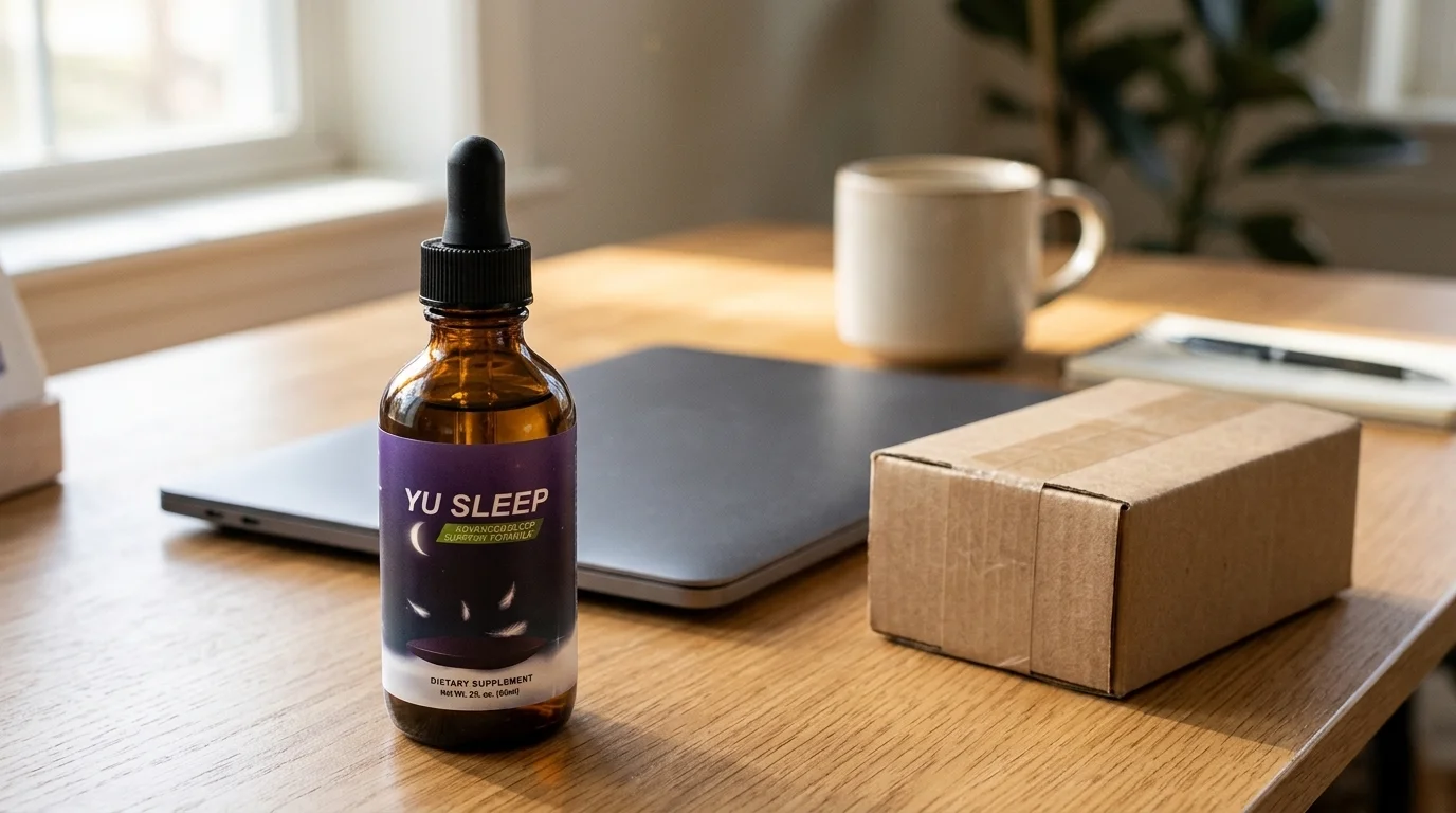 Yu Sleep drops bottle on a desk next to a closed laptop and a small package