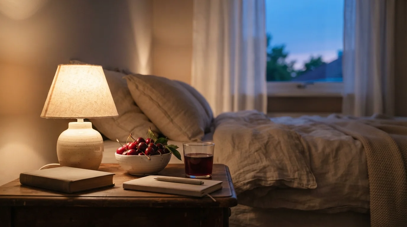 Bowl of tart cherries and a glass of cherry juice on a bedroom nightstand