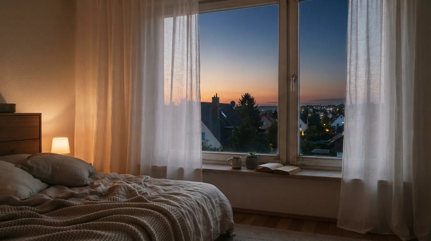 Bedroom window with sheer curtains as daylight fades into night, featuring a soft transition from warm to cool light and a peaceful atmosphere suggesting bedtime.