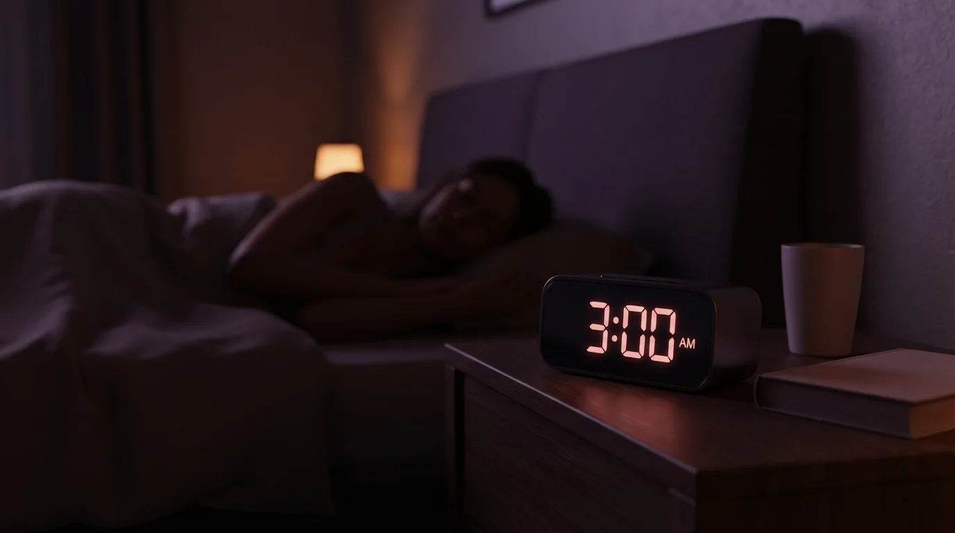 Alarm clock showing 3:00 AM on a nightstand in a dark bedroom
