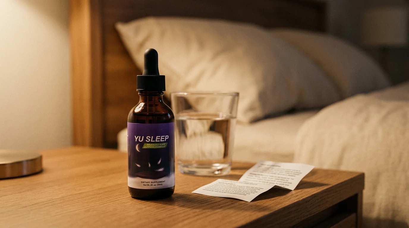 Yu Sleep drops bottle beside a folded leaflet and glass of water on a bedside table